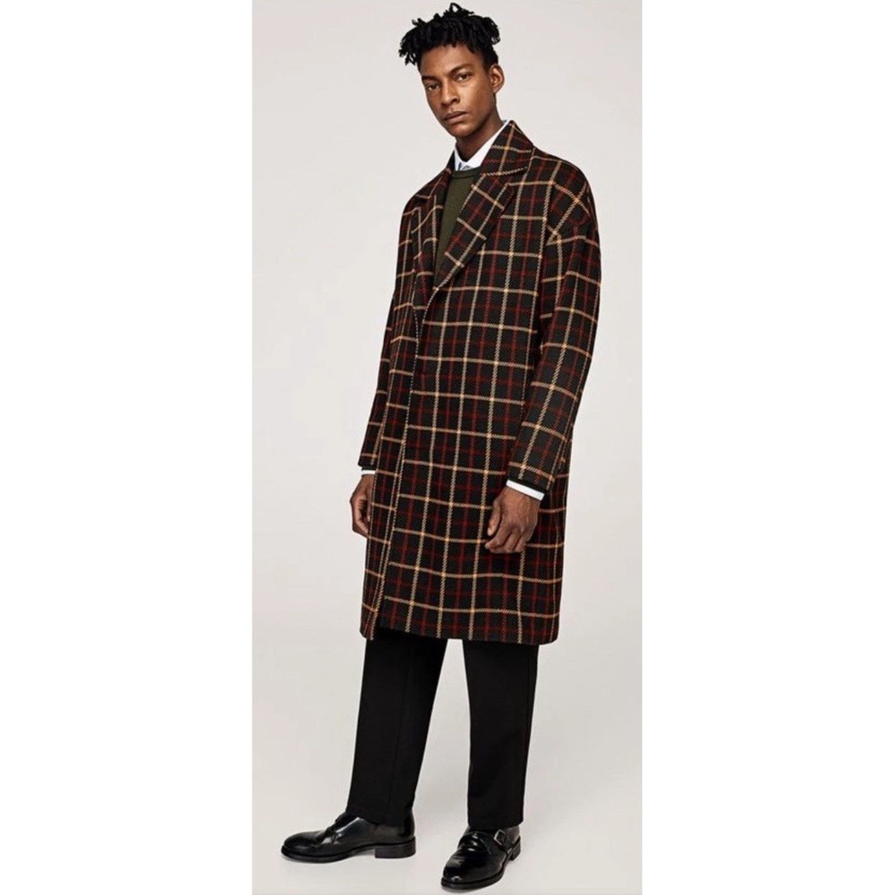 Zara Man Black Red Yellow Wool Plaid Oversized Long Coat Office‎ Modern Size M